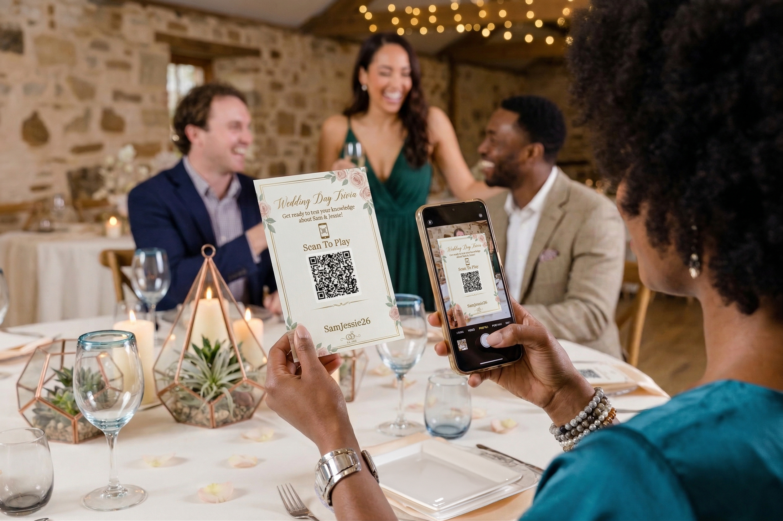 Guest holding phone showing trivia question with wedding background