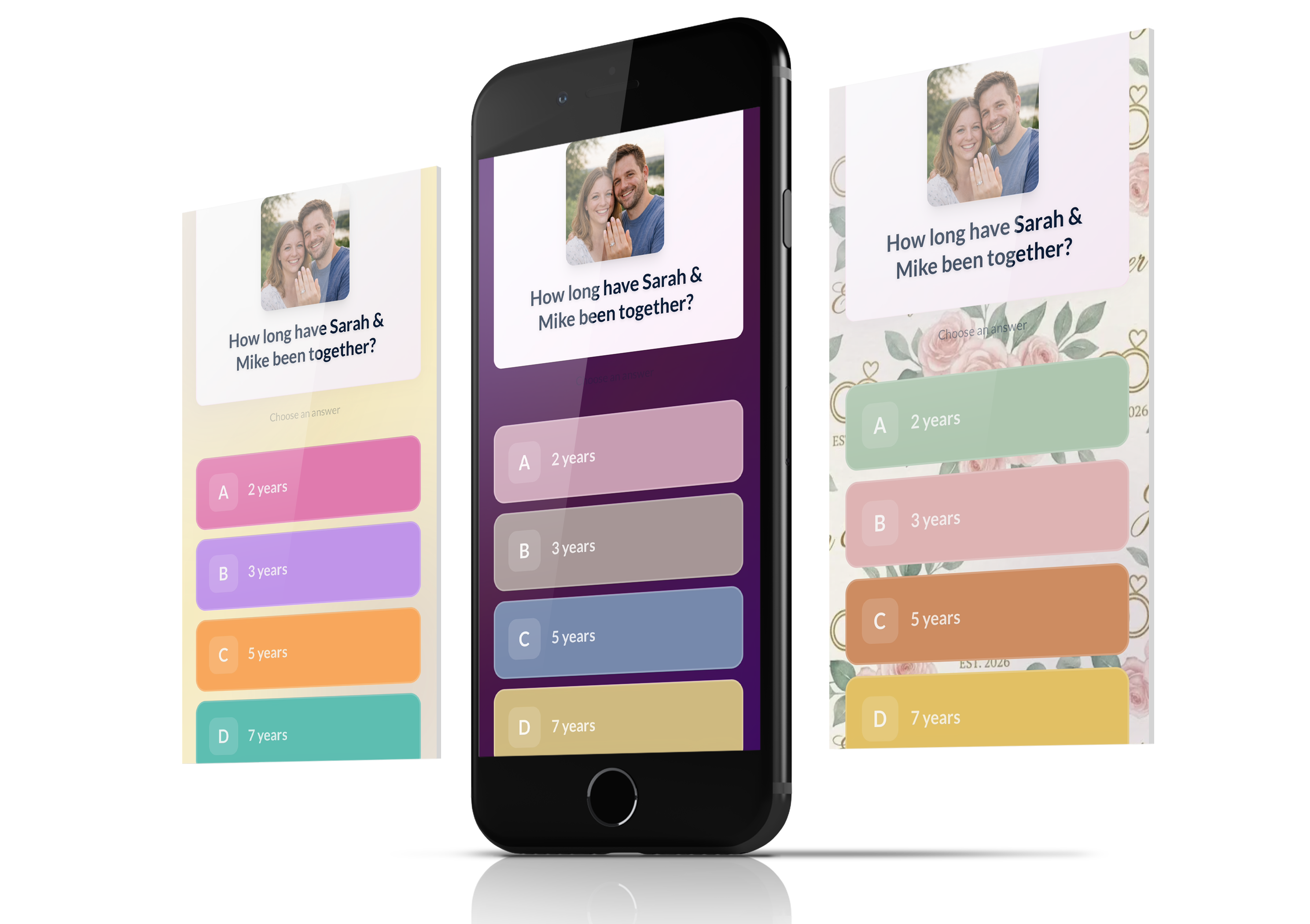 Three phone screens showing My Wedding Trivia with different custom wedding themes — guests answering couple trivia questions with personalized colors and backgrounds