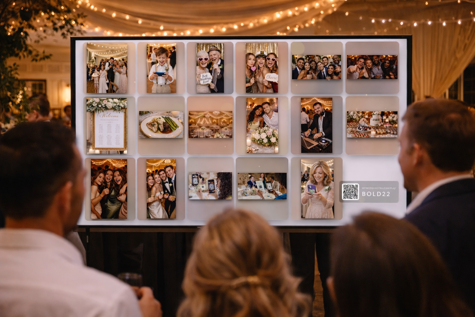 Live Photo Wall on a big screen at a wedding reception — guests' photos appearing on a mosaic display projected in the venue