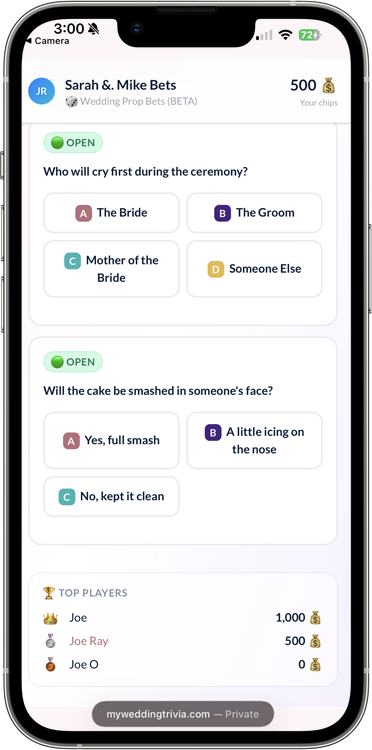 Guests playing wedding prop bets on their mobile phones
