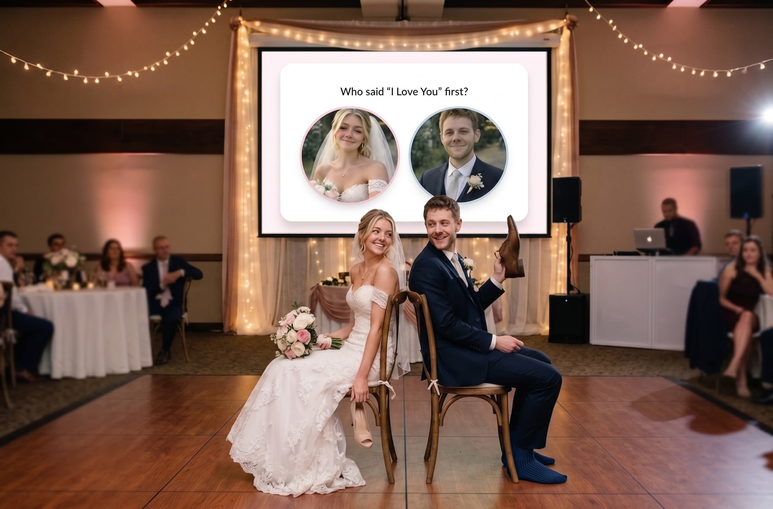 Bride and Groom sitting back-to-back at wedding reception, with a projector screen behind them showing a 'Who said I Love You first?' wedding trivia question