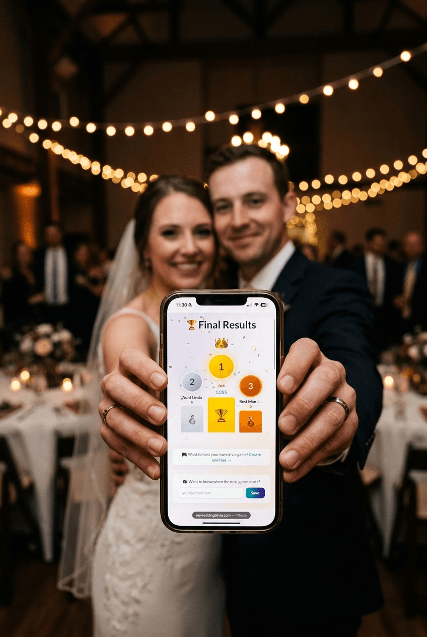 Happy bride and groom celebrating trivia results