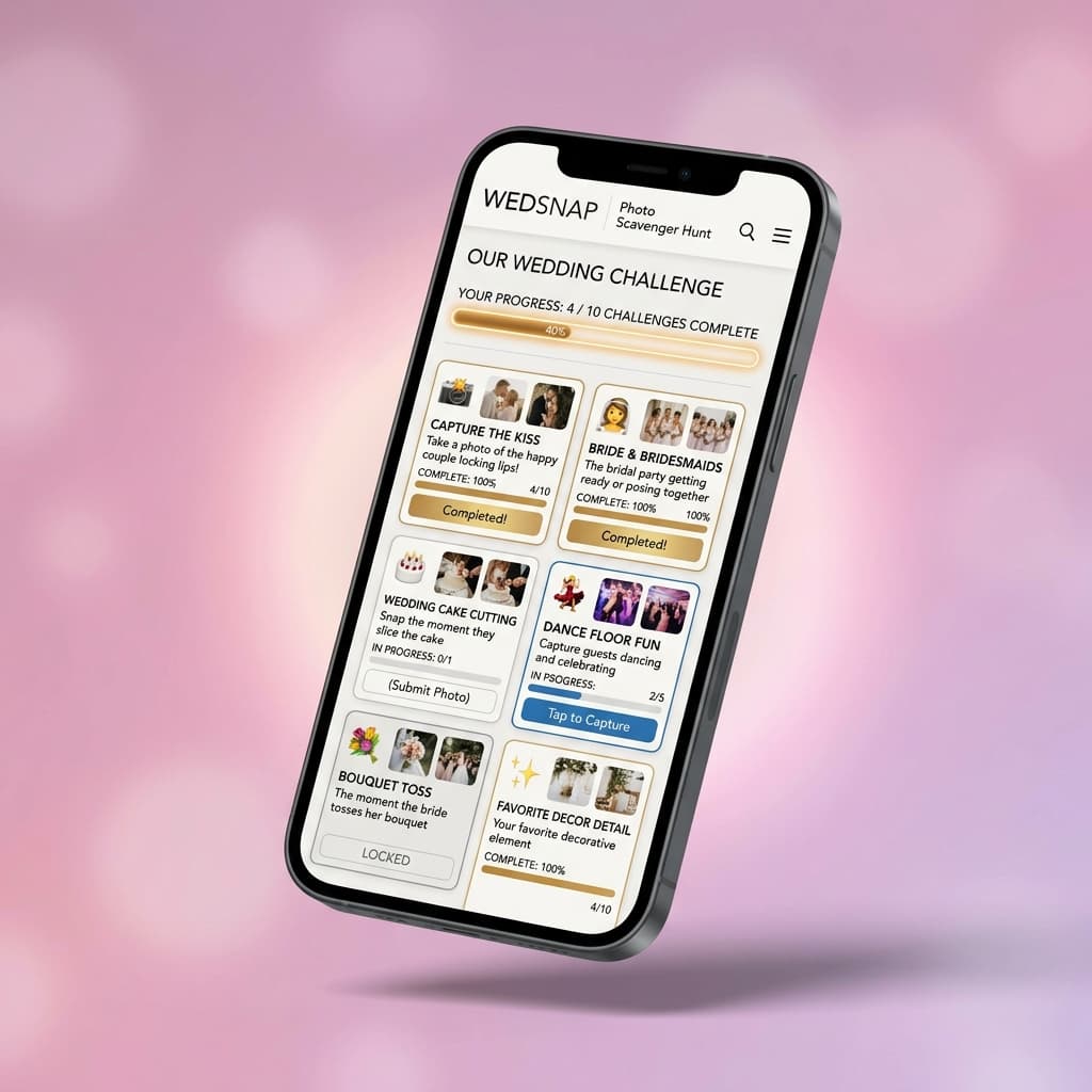 Smartphone showing a wedding photo scavenger hunt with challenge cards like Selfie with the Bride, Best Dance Move, and a progress bar showing 4 of 10 challenges complete