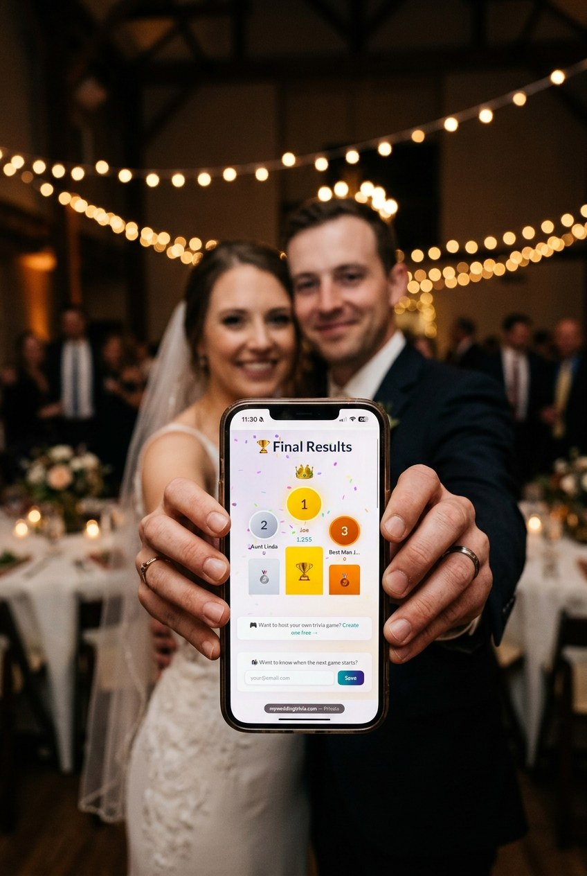 Happy bride and groom celebrating trivia results